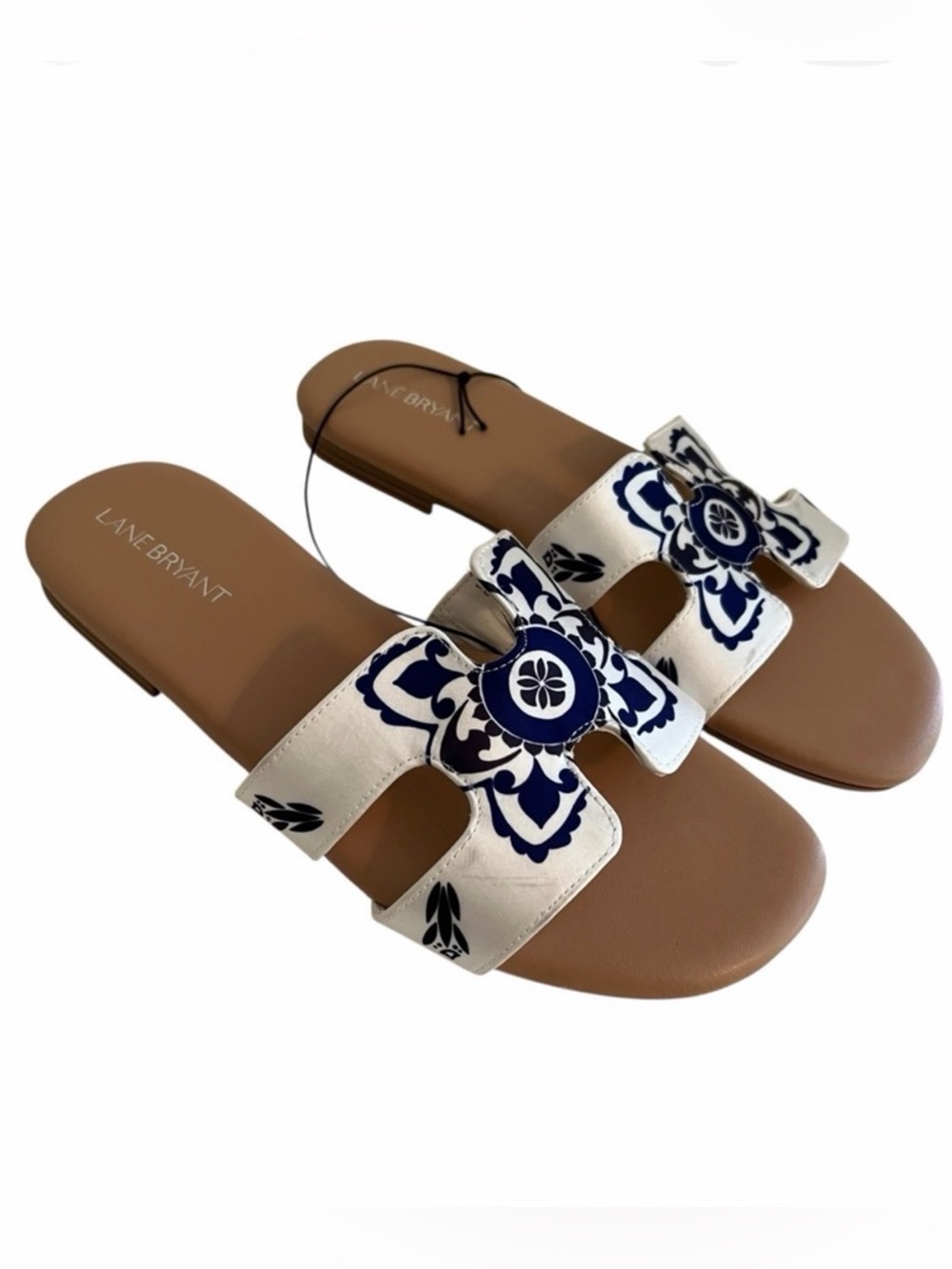 Lane Bryant White Mule Slip On Sandals with Blue Medallion Design 8W